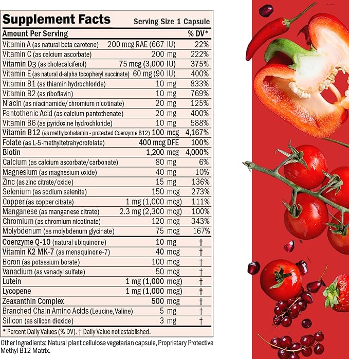 ANDREW LESSMAN Essential-1 Multivitamin 3000 IU Vitamin D3 30 Small Capsules – 100 mcg Methyl B12. CoQ10 Lutein Lycopene Zeaxanthin. High Potency. No Additives. Gentle Ultra-Mild. One Daily Capsule