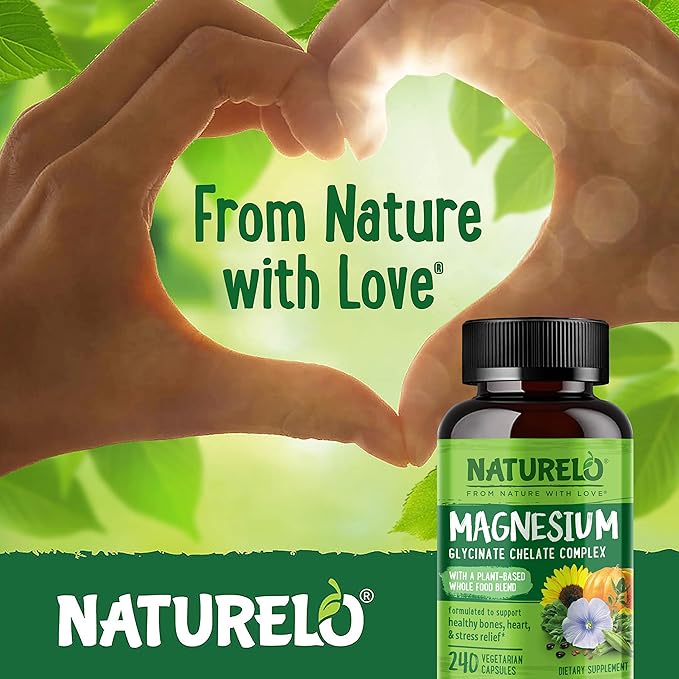NATURELO Magnesium Glycinate Supplement - 200 mg Glycinate Chelate with Organic Vegetables to Support Sleep, Calm, Muscle Cramp & Stress Relief – Gluten Free, Non GMO - 240 Capsules