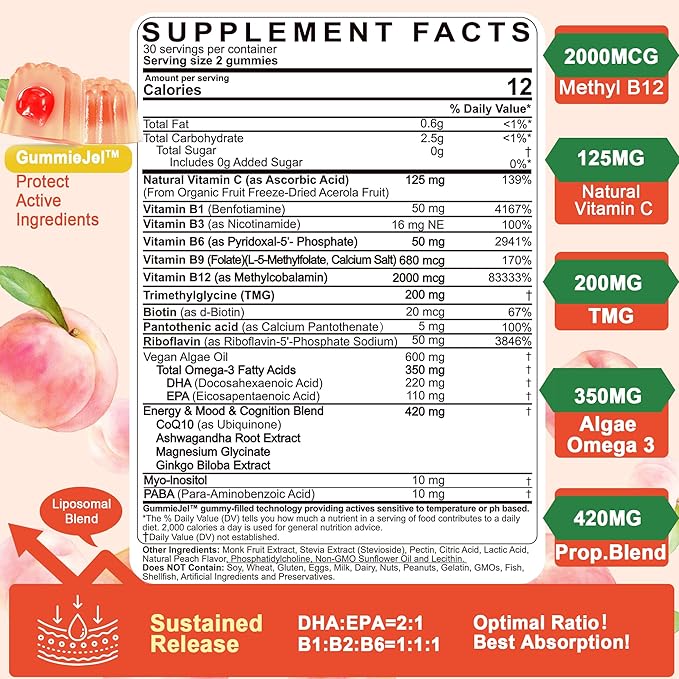 Vitamin B Complex Filled Gummies for Women & Men, Methylated B Complex w/Omega 3, Magnesium,CoQ10, Ashwagandha,Vitamin C, TMG -All B - B1,B2,B3,B5,B6,B7,B9 Folate,B12,Inositol,PABA, Sugar Free, 2 Pack
