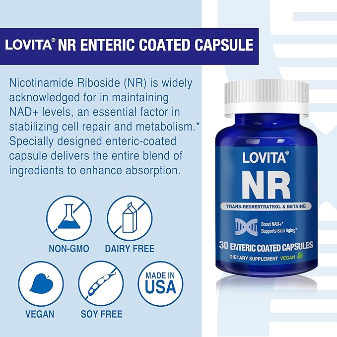 Lovita NR (Nicotinamide Riboside) 350 mg, NAD Supplement with Trans-Resveratrol and Betaine, Promote NAD Plus Levels, Healthy Aging, 30 Vegan Enteric-Coated Capsules