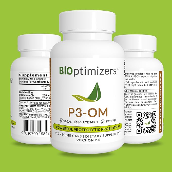 BiOptimizers P3-OM Proteolytic Prebiotics & Probiotics Supplement – Lactobacillus Plantarum for Digestive & Immune Health – Bloating & Gut Relief Support for Men & Women (120 Vegan Capsules)