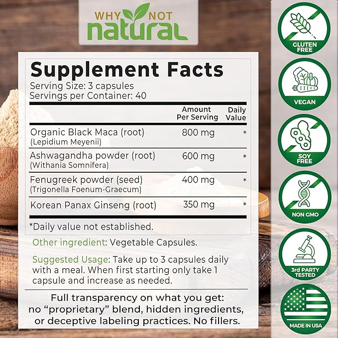 Why Not Natural 4-in-1 Organic Black Maca Root, Ashwagandha, Fenugreek, Panax Ginseng Capsules, Supplement for Men and Women (120 Count (Pack of 1)