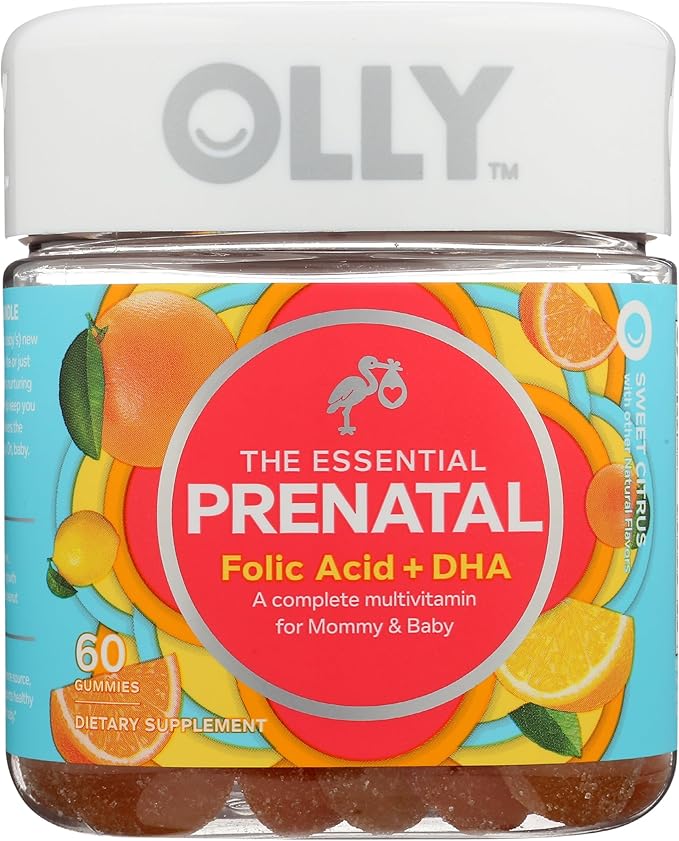 Olly The Essential Prenatal Gummy Multivitamin, 30 Day Supply ( Gummies), Sweet, Folic Acid, Vitamin D, Omega 3 DHA, Chewable Supplement, White Citrus, 60 Count (Pack of 1)