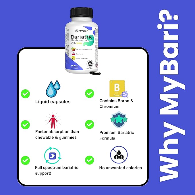 All-in-One Bariatric Multivitamin with Iron - Made in USA - for Men & Women - Supports Gastric Sleeve & Bypass with 42+ Fruit & Veggie Blend - 60 Liquid Capsules