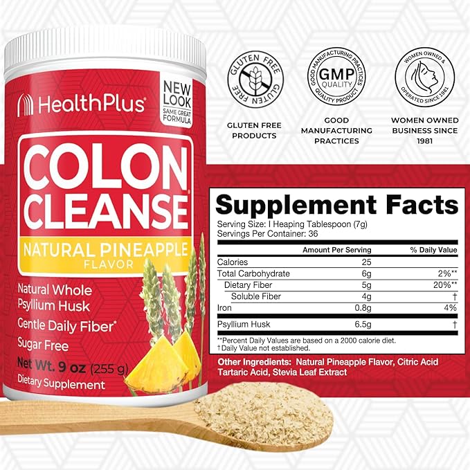 Health Plus Colon Cleanse Digestive Support | Natural Sweetener without Artificial Flavors | Daily Fiber for Toxin Elimination To Reduce Bloating | Pineapple Flavor | 9 Ounces, 36 Servings