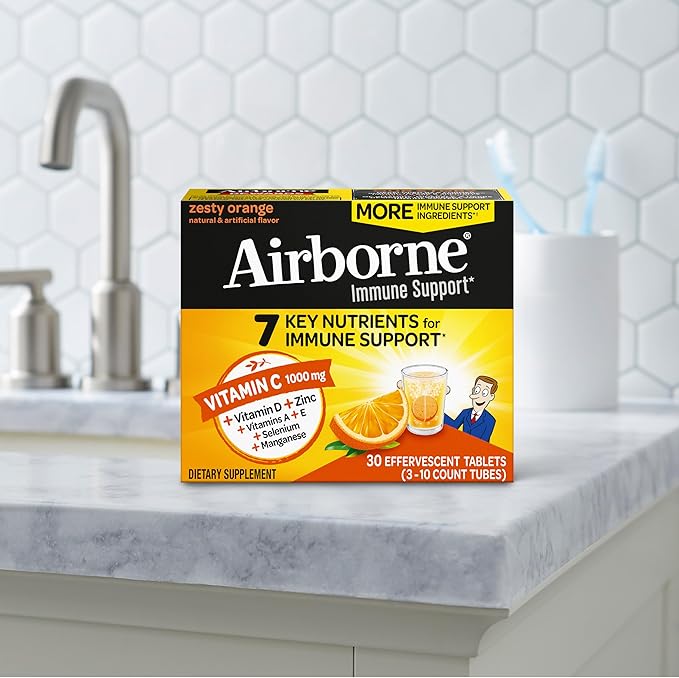 Airborne 1000mg Vitamin C with Zinc, SUGAR FREE Effervescent Tablets, Immune Support Supplement with Powerful Antioxidants Vitamins A C & E - 30 Fizzy Drink Tablets, Zesty Orange Flavor