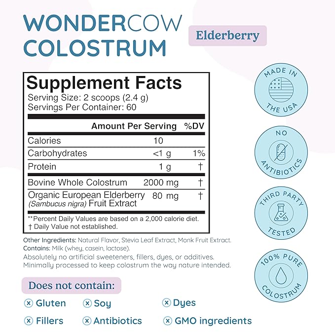 WONDERCOW Colostrum Supplement Powder for Gut Health, Immune Support, Muscle Recovery & Wellness | Natural IgG Pure Whole Bovine Colostrum Superfood, Elderberry, 60 Servings