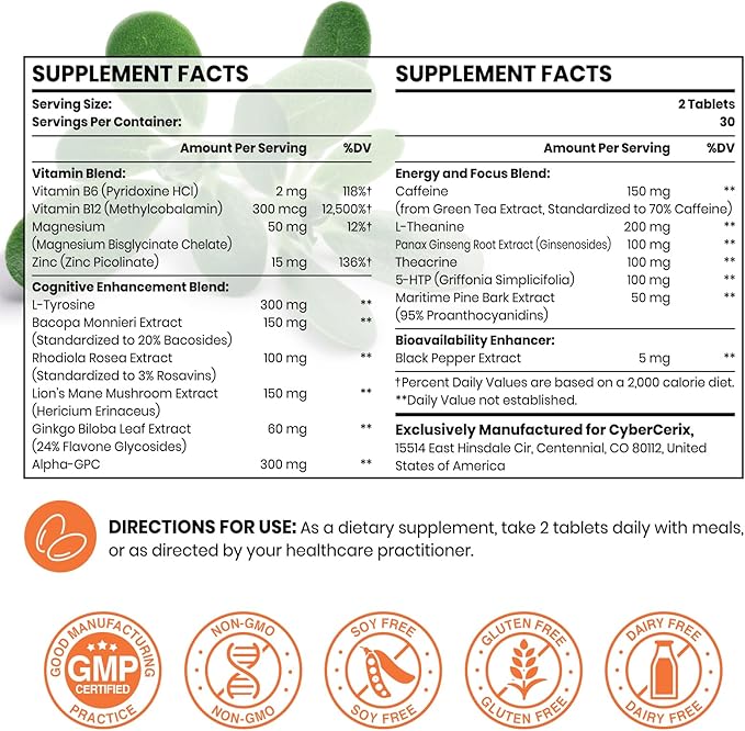 17-in-1 Brain Supplement for Memory and Focus - Nootropic Brain Supplement for Concentration, Clarity, Energy & Focus - Natural Caffeine Blend with Vitamins, Amino Acids & Herbal Extracts - 60 Tablets