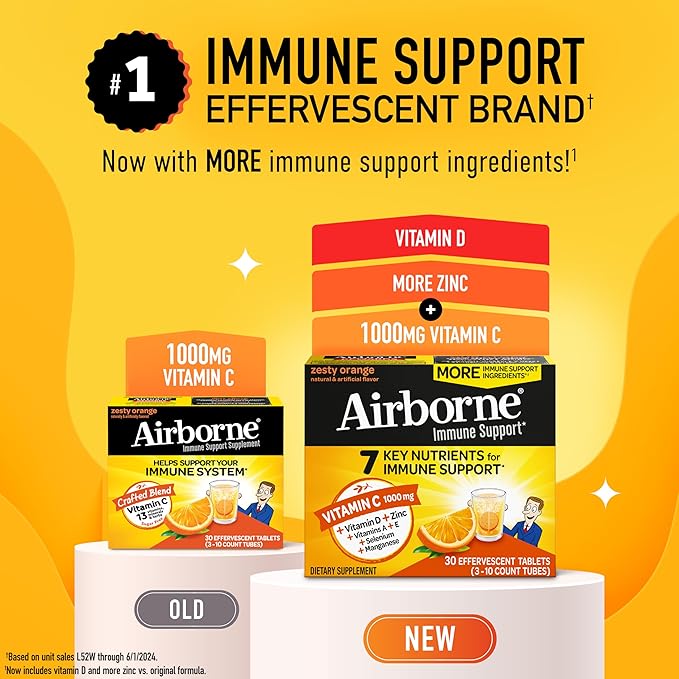 Airborne 1000mg Vitamin C with Zinc, SUGAR FREE Effervescent Tablets, Immune Support Supplement with Powerful Antioxidants Vitamins A C & E - 30 Fizzy Drink Tablets, Zesty Orange Flavor