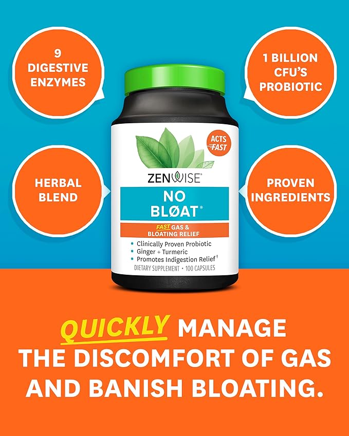 Zenwise Health NO Bloat Probiotics for Women and Men Digestive Health with Ginger, Dandelion, and Lactase, Digestive Enzymes for Gas and Bloating Relief - Vegan Water Retention Pills - 100 CT