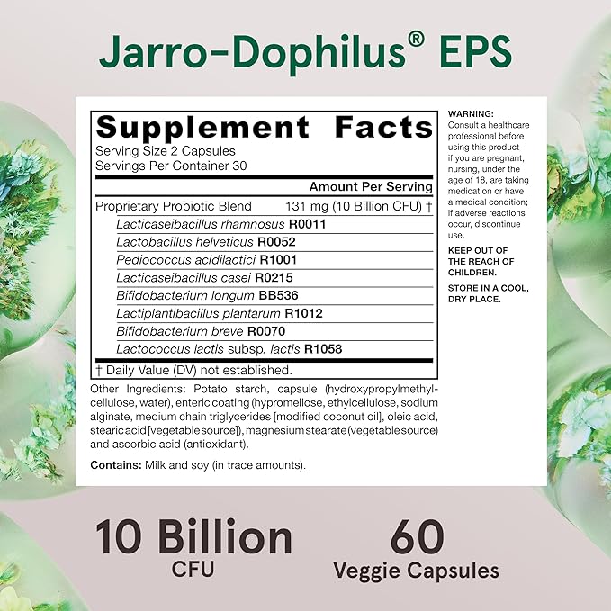 Jarrow Formulas Jarro-Dophilus EPS Probiotics 10 Billion CFU, Dietary Supplement for Intestinal Tract Support, Gut Health Supplements for Women and Men, 60 Veggie Capsules, 30 Day Supply (Pack of 12)