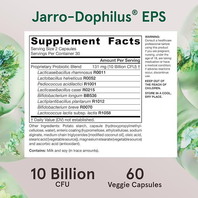 Jarrow Formulas Jarro-Dophilus EPS Probiotics 10 Billion CFU for Intestinal Tract Support, Probiotic Supplement for Gut Health for Women and Men, 60 Veggie Capsules, Up to a 30 Day Supply