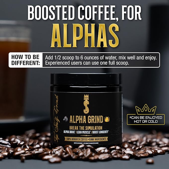 Alpha Grind β Instant Maca Coffee for Men + Natural Energy + Brain Nootropic for Ageless Clarity, Focus | Lean Muscle Building Growth & Size, 30SV