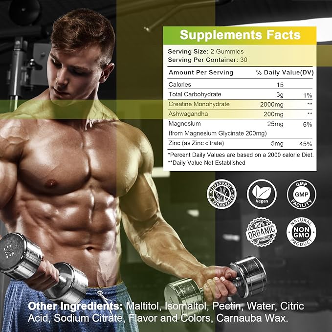 Creatine Monohydrate Gummy Gifts for Men Women, Multiple Creatine Supplement with 200mg Ashwagandha & Magnesium & Zinc for Muscle Builder & Strength, Energy, Pre Workout,Gym Accessories