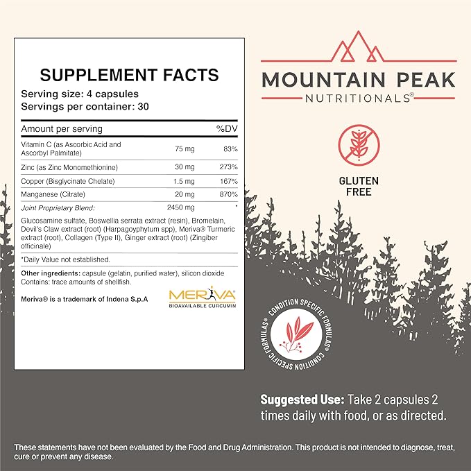 Mountain Peak Nutritionals Joint Formula - Joint Support Supplement with Glucosamine, Boswellia & Vitamin C - Supports Joint Flexibility & Mobility - Hypoallergenic Dietary Supplement (120 Capsules)