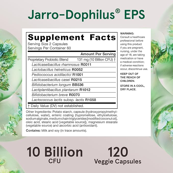Jarrow Formulas Jarro-Dophilus EPS Probiotics 10 Billion CFU for Intestinal Tract Support, Probiotic Supplement for Gut Health for Women and Men, 120 Veggie Capsules, up to a 60 Day Supply