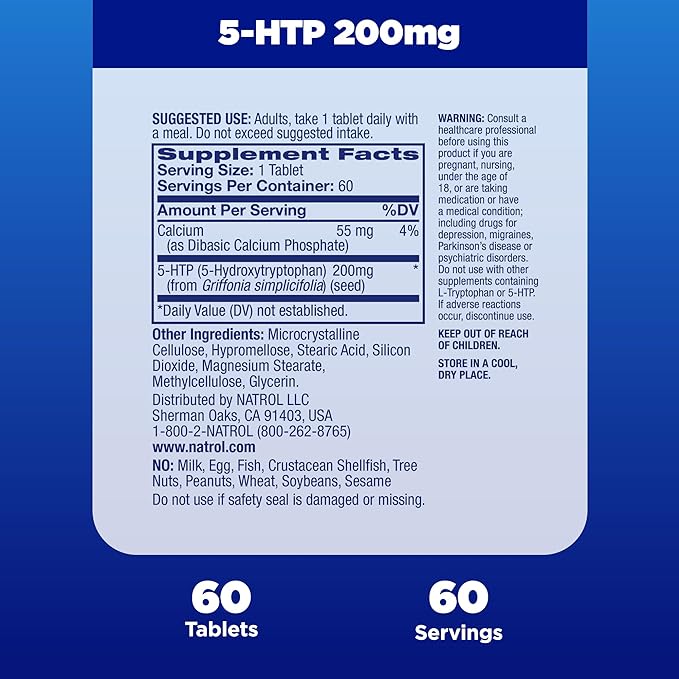 Natrol 5-HTP 200mg, Dietary Supplement Helps Support a Balanced Mood, 60 Time Release Tablets, 60 Day Supply
