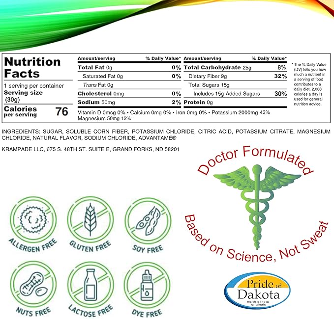 Fiber Supplement Electrolytes Powder - 9g Prebiotic Fiber + 2000mg Potassium Supplement + Magnesium | Cramp Relief | Hydration Packets| Digestive Health Support