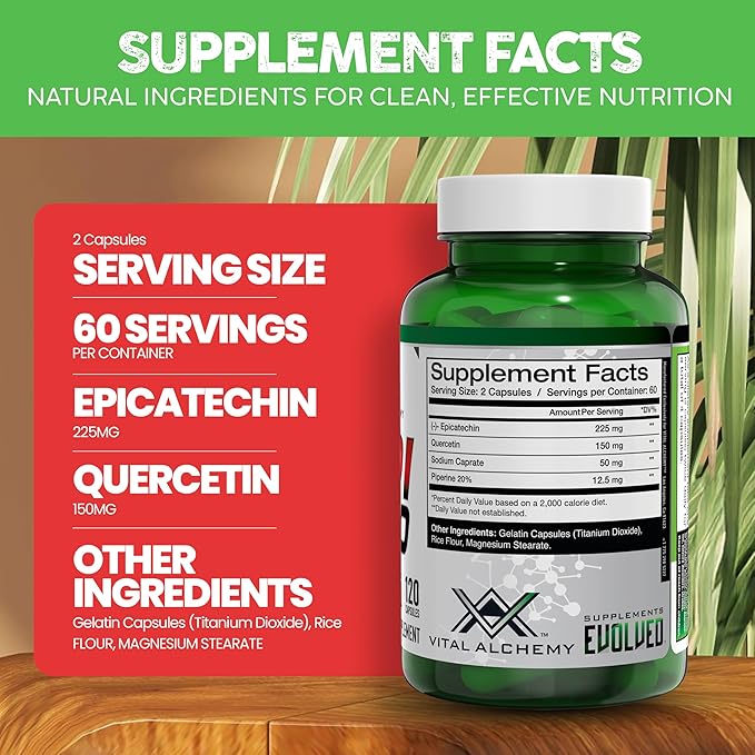 Vital Alchemy Epi 2.0 - Hard Lean Muscle Mass Gainer and Strength Booster | Epicatechin with Quercetin Supplements and Piperine- Joint Support Supplement - 2 Capsules Per Day (120 Capsules)