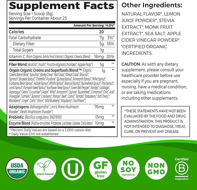 Orgain Organic Wonder Gut Fiber Supplement Powder, 5 in 1 Blend with 1 Billion Probiotics, Greens, Vitamin C, Adaptogens for Gut Health and Immune Support, Non-GMO, Orange Mango, 7.05 oz