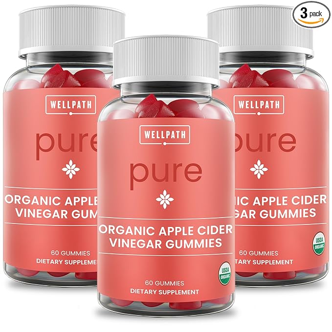 WellPath Pure ACV Apple Cider Vinegar Gummies (3 Pack) with The Mother - USDA Organic Gummy - Raw Apple Cider Vinegar with Mother Supplements - ACV Gummies - 180 Ct