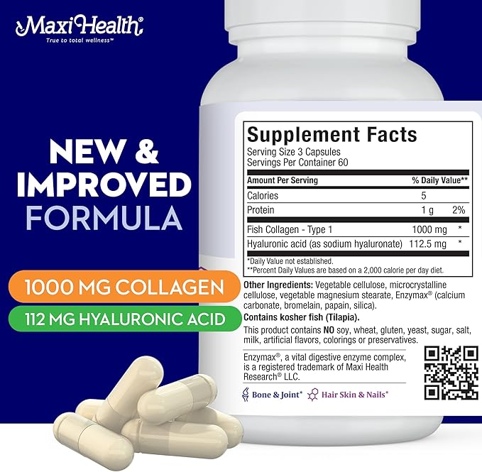 Collagen with Hyaluronic Acid Capsules - 1.5X More Efficient Absorption - Kosher Type I Hydrolyzed Marine Collagen Capsules Hyaluronic Acid Supplements for Hair, Skin, Nails, Joint & Bone Health, 180