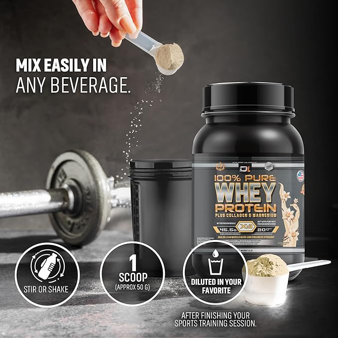 DL 100% Pure Whey Protein + Collagen + Magnesium | 43g. Protein & Essential BCAA´s | Muscle Gain, Recovery & Nutrient delivery | Low Fat Protein | Quik & Easy Mixing | 1 kg (1KG, Vanilla)