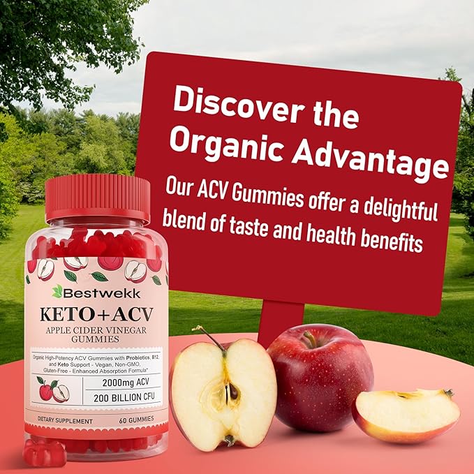 Apple Cider Vinegar Gummies, Max Strength 2000mg ACV Gummies with Probiotics, B12 and Keto Support, For Digestion, Metabolism, Detox, Gut & Immune Health, Gelatin-Free, Vegan & Non-GMO, 120 Gummies
