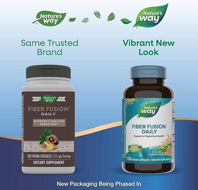 Nature's Way Fiber Fusion Daily, with Psyllium Husk, Oat Bran, Guar Gum, Pectin, Digestive Health Support*, Vegan, 150 Capsules (Packaging May Vary)