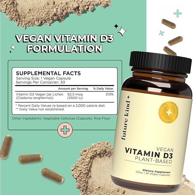 Future Kind Vegan Vitamin D3 (30 Softgels in Glass Bottle) - 2500 IU Plant-Based Vitamin D Supplements for Cell and Immune Support - Sugar-Free, Lichen-Based Vitamin D Supplements for Women & Men