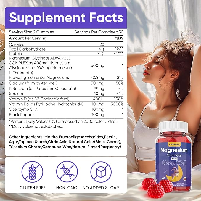 Magnesium Glycinate Gummies 600mg for Sleep: Magnesium Supplement for Adult - Calm Magnesium Gummies Multivitamin, Raspberry Flavor, 60 Count