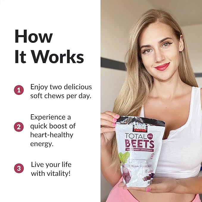 Force Factor Total Beets Soft Chews with Beetroot, Nitrates, L-Citrulline, Grapeseed Extract, and Antioxidants, Healthy Energy Supplement with Elite Ingredients, Heart Health Superfood, 60 Chews