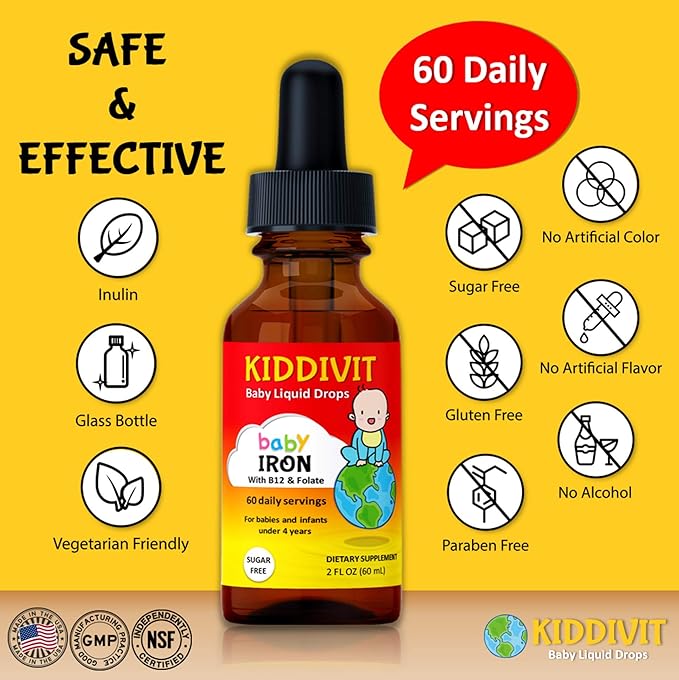 Kiddivit Baby Iron Liquid Drops with Vitamin B12 & Folate - 60 Daily Servings, 2 Fl Oz (60 mL) - Inulin Fortified (Prebiotic, Dietary Fiber) - Sugar Free, Gluten Free, Vegetarian Friendly