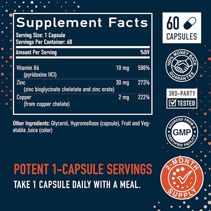 Zinc Supplement Microbeadlets for Immune & Acne Support | Highly Absorbable Zinc Bisglycinate & Orotate with 2mg Chelated Copper + Vitamin B6 | Vegan, Gluten-Free | 30mg Zinc Balance | 60 Capsules