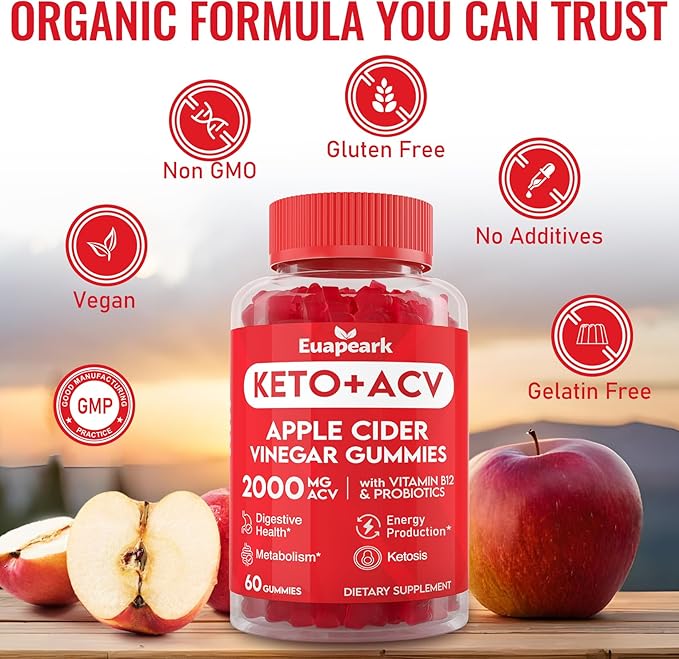 Apple Cider Vinegar Gummies, Keto ACV Gummies with Probiotics, Vitamin B12 & Keto Support, 2000 mg ACV Gummies with Mother for Digestion, Metabolism, Cleanse & Detox Diet, Vegan, Low Sugar, 720 Counts