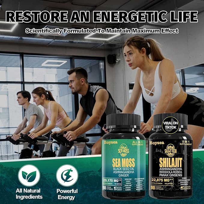 Boysea.Shilajit and Sea Moss Bundle - Sea Moss (7000mg), Ashwagandha (2000mg), Black Seed Oil (4000mg), Ginger & Shilajit (9000mg), Rhodiola Rosea (1000mg) – 90 Count (1 Pack)