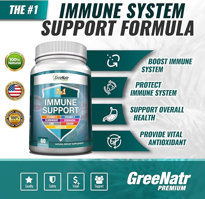 7 in 1 Immune Support Supplement with Vitamin C, Vitamin D3, Zinc 50mg, Quercetin, Echinacea Purpurea, Sambucus Elderberry and Ginger for Complete Immune Defense - 60 Capsules (6 Bottles)