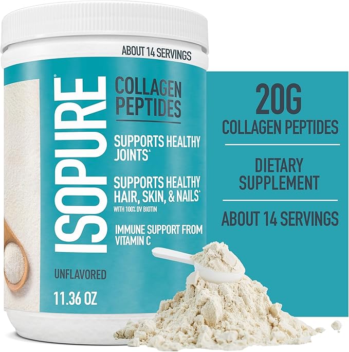 Bundle of Isopure Unflavored Organic Vegan Pea Protein Powder, Dairy Free with Amino Acids, 20 Servings + Isopure Collagen Peptides Powder, 14 Servings, Unflavored, with Vitamin C, with Biotin