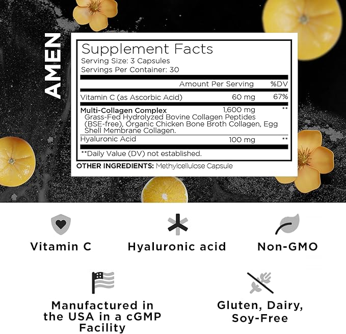 Amen Multi Collagen Peptides Capsules with Hyaluronic Acid and Vitamin C - 5 Types of Collagen Protein Type I, II, III, V, X - Grass Fed Hydrolyzed - 18 Amino Acids - Collagen Supplement - 90 Pills
