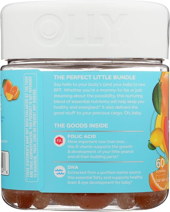 Olly The Essential Prenatal Gummy Multivitamin, 30 Day Supply ( Gummies), Sweet, Folic Acid, Vitamin D, Omega 3 DHA, Chewable Supplement, White Citrus, 60 Count (Pack of 1)