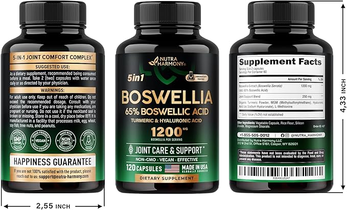 Boswellia 1200mg - Boswellia Extract | Turmeric | Hyaluronic Acid | MSM | Same - Joint Health & Comfort - Boswellia Serrata | 65% Boswellic Acid - for Men & Women - Made in USA - 120 Capsules