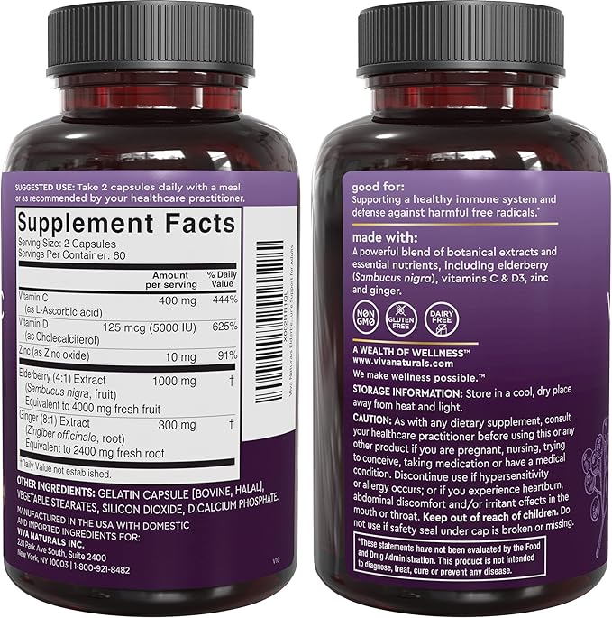 Viva Naturals Elderberry with Vitamin C and Zinc for Adults - 5 in 1 Sambucus Black Elderberry Capsules with Vitamin D3 5000 IU Immunity Supplement, Sambucus Elderberry Immune Support Supplement