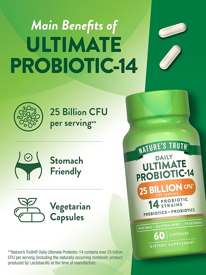 Nature's Truth Probiotics for Men and Women | 25 Billion CFU | 60 Capsules | 14 Strains | Non-GMO & Gluten Free Digestive Health Supplement