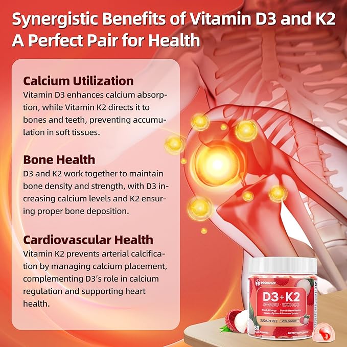 Vitamin D3 K2 Gummies w/Magnesium Sugar Free - 60 Count | D3 Vitamin 5,000 IU + K2(MK-7) 100 mcg - Vegan K2 D3 Vitamin Supplement, Highly Absorbent Supports Bone, Muscle, Mood & Immune(Lychee Flavor)