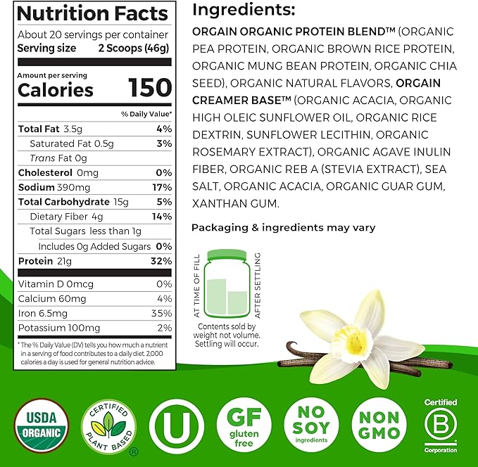 Orgain Organic Vegan Protein Powder, Vanilla Bean - 21g Plant Protein, 6g Prebiotic Fiber, No Lactose Ingredients, No Added Sugar, Non-GMO, For Shakes & Smoothies, 2.03 lb (Packaging May Vary)