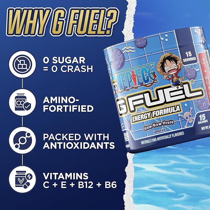 G Fuel ONE Piece Gum-Gum Fruit Energy Drink Powder, Pre Workout Caffeine Powder, Energy Powder Drink Mix for Gaming, Sugar Free Focus Amino, Vitamin + Antioxidants, 3.7oz (Lemon Ice, 15 Servings)