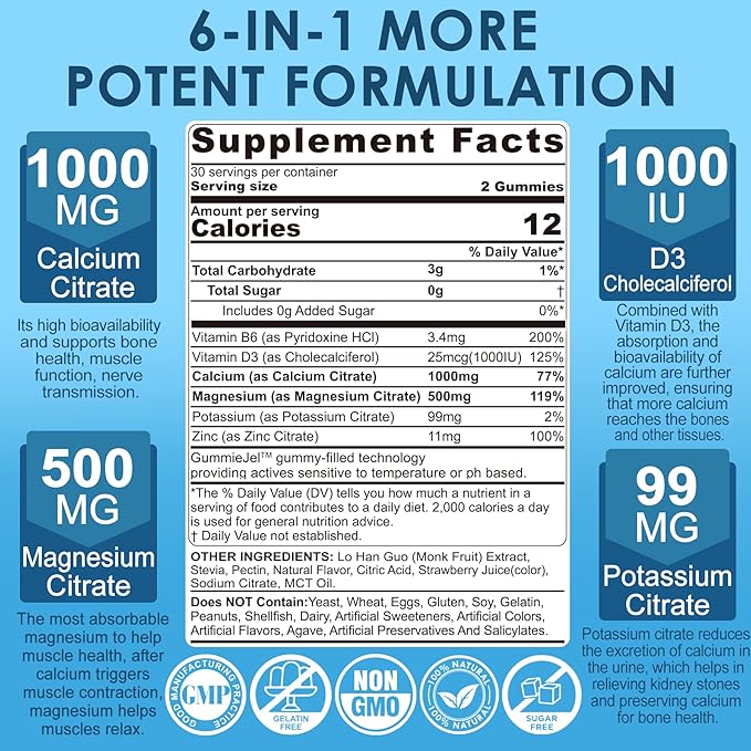 Sugar Free Calcium Citrate Gummies 1000mg with Vitamin D3, Ultimate Absorption Calcium Supplement for Women Men, Plus Magnesium, Potassium, Zinc, B6 for Bones, Muscle & Immune Health, 2Pack