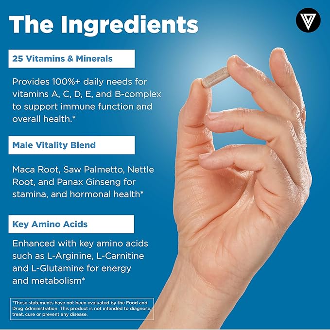 Vital Vitamins Men's Multivitamin Complex - Made with Essential Amino Acids & Maca Root - with Vitamin A, C, E, B6, B12, D3 & Male Performance Blend - Daily Mens Multivitamin - 60 Capsules