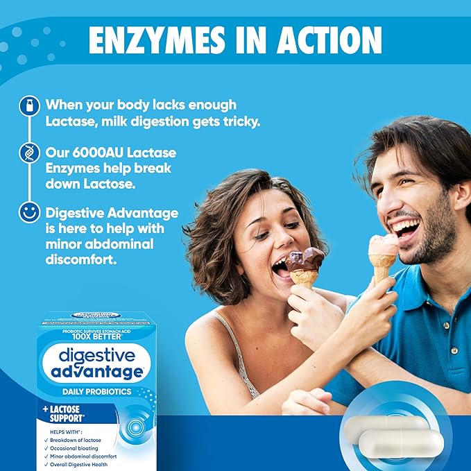 Digestive Advantage Probiotics + Lactase Digestive Enzymes For Digestive Health, Daily Probiotics For Women Men Occasional Bloating, Lactose Breakdown, Minor Abdominal Discomfort, Immune Support, 96ct