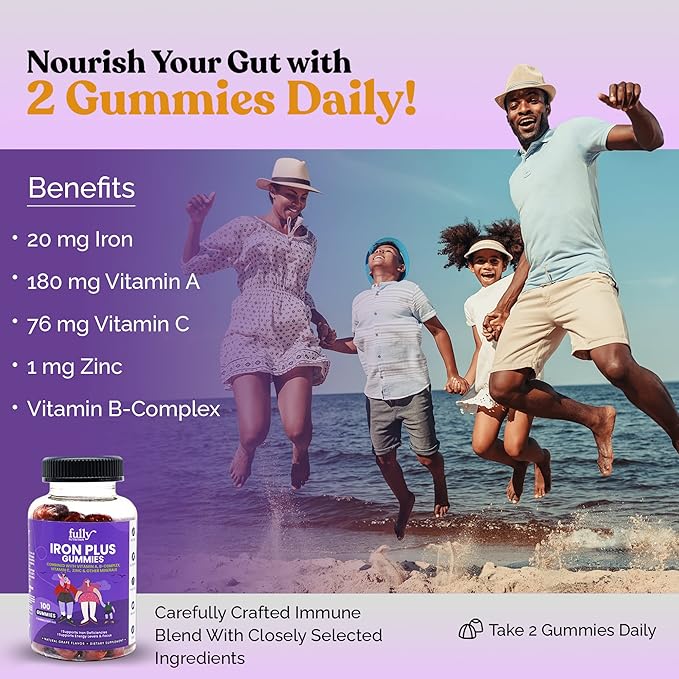 Iron Gummies Supplements for Adults (Women, Men) and Kids – Grape Flavor- Supports Anemia, Energy and Focus Levels – 100 Count